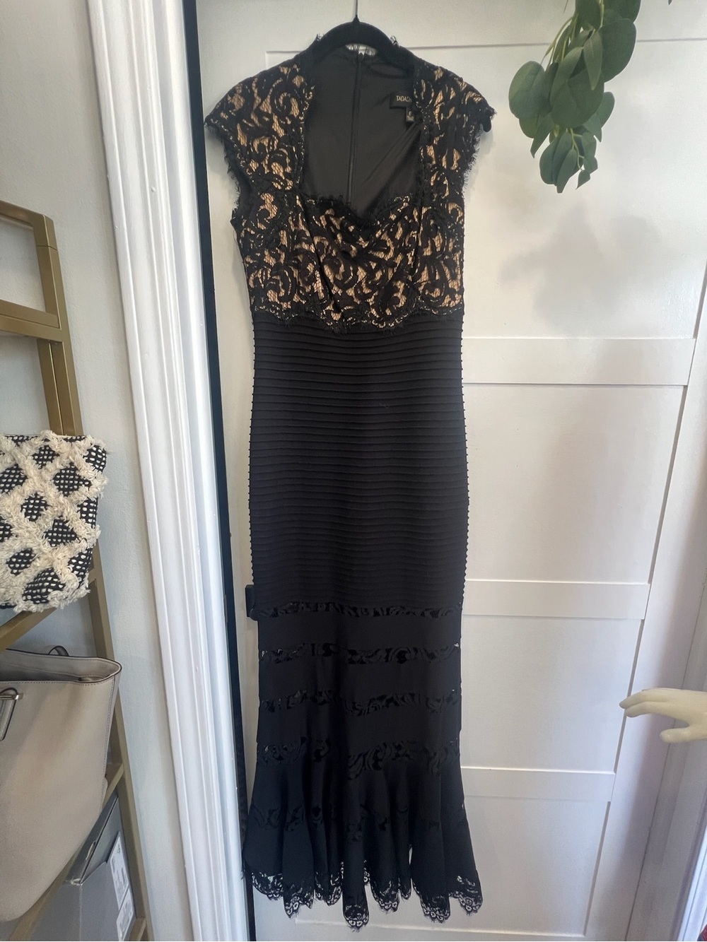 Tadashi Shoji Black Lace and Nude-Illusion floor length dress
